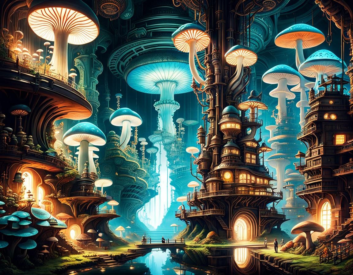 Steampunk Bioluminescent City at Earth's Core