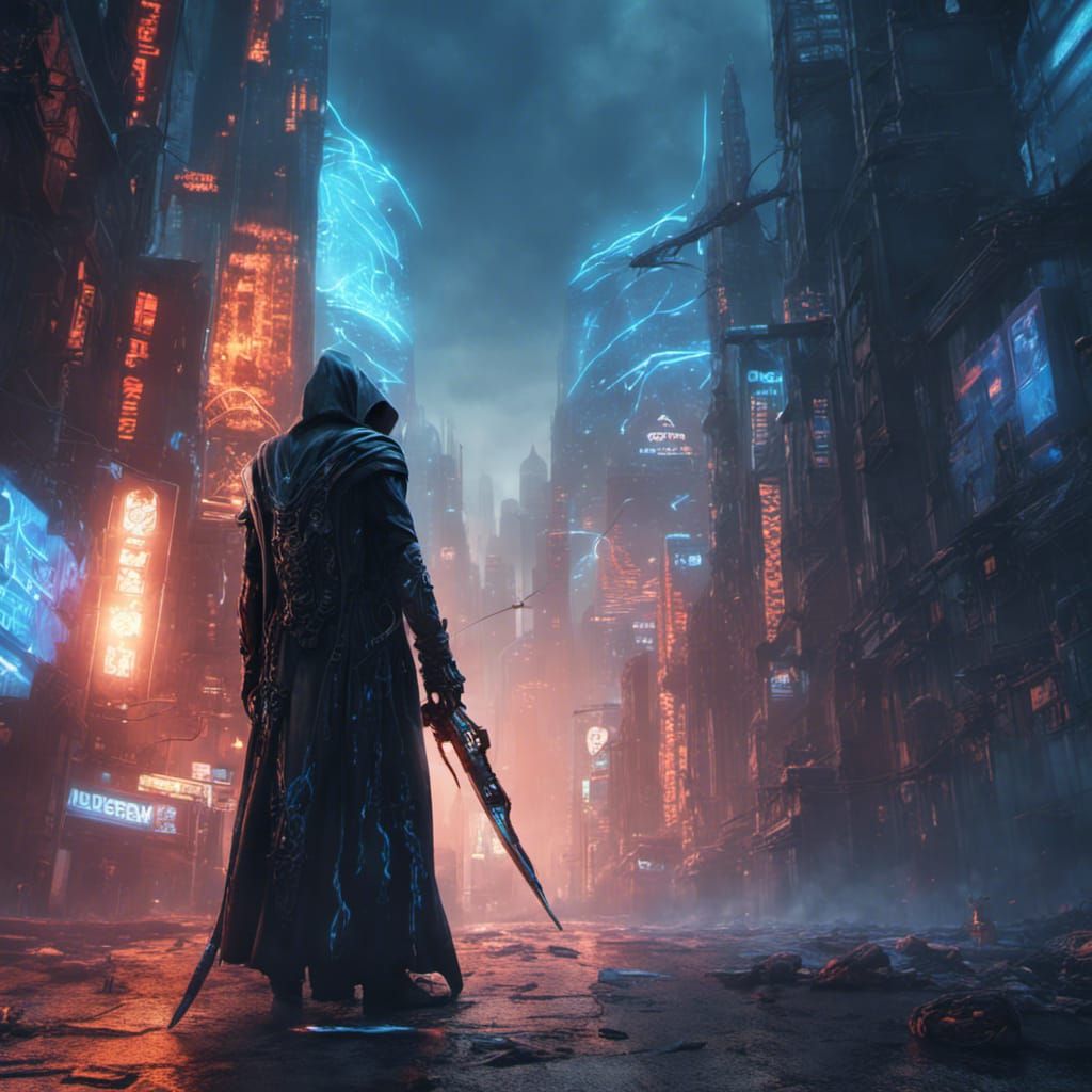Cyberpunk Grim Reaper in Glowing Cityscape