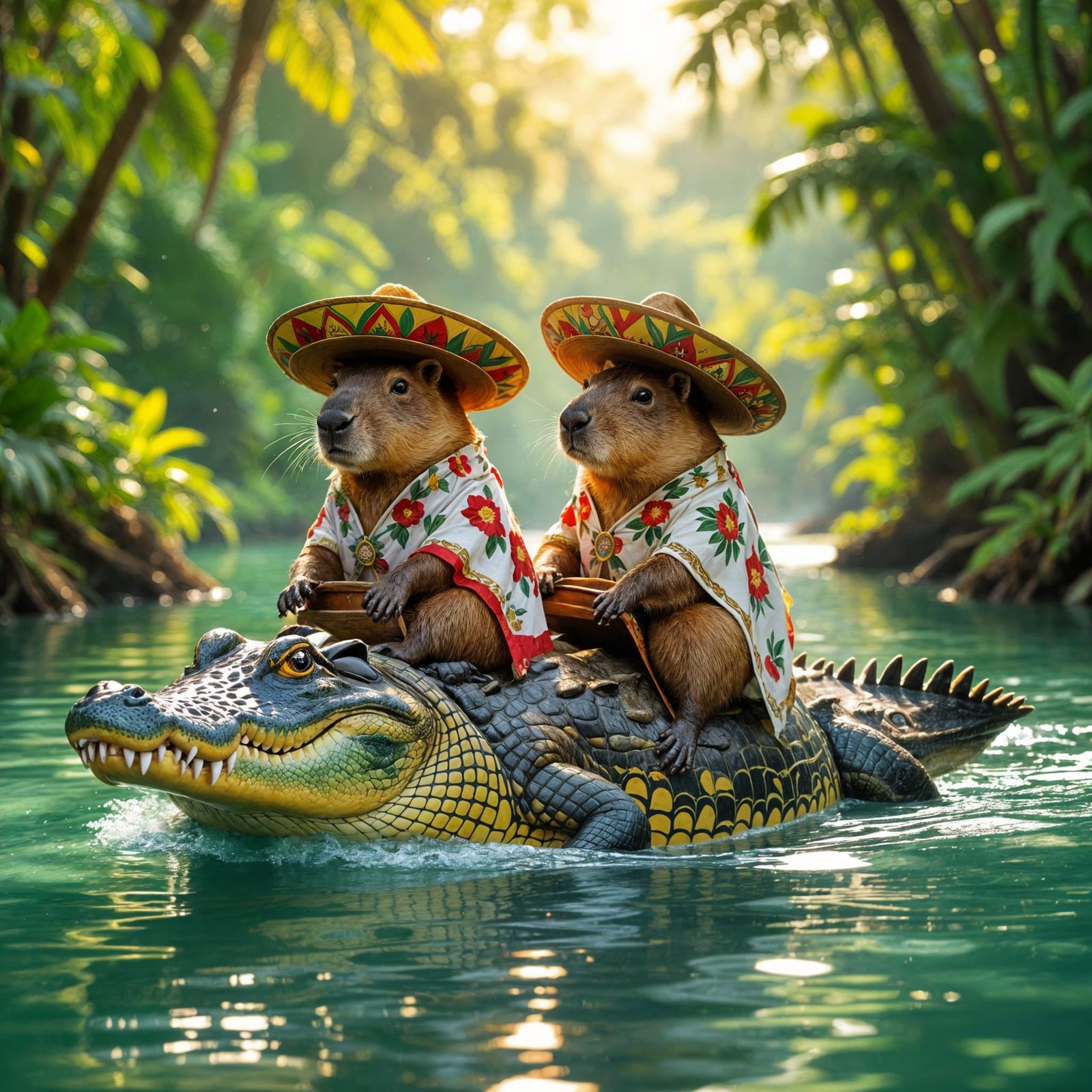 Two capybaras riding a crocodile.