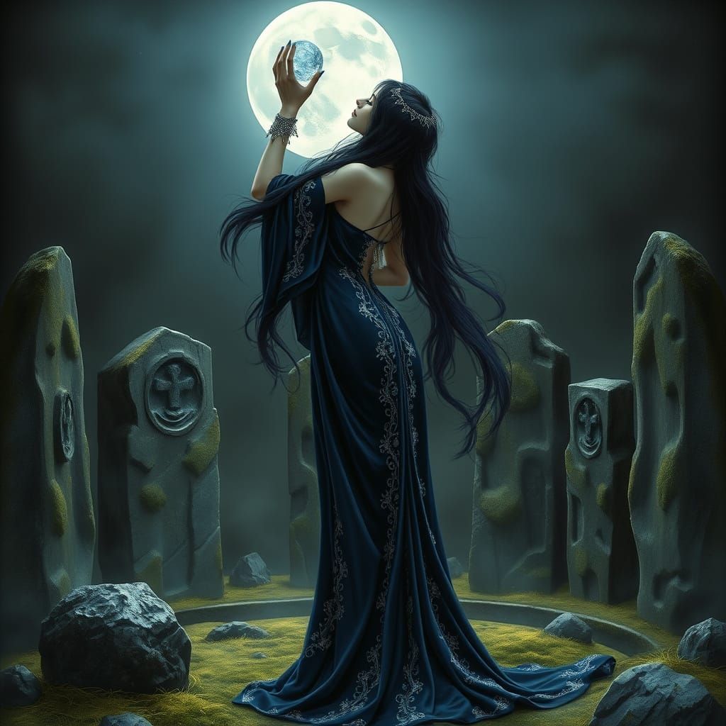 Ethereal Sorceress in Moonlit Circle of Ancient Stones
