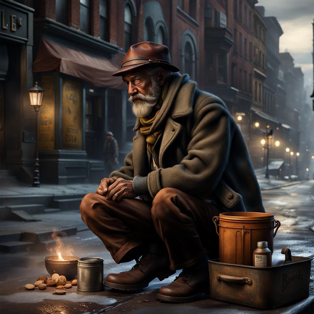 Homeless Person in 1930s, Detailed Matte Painting