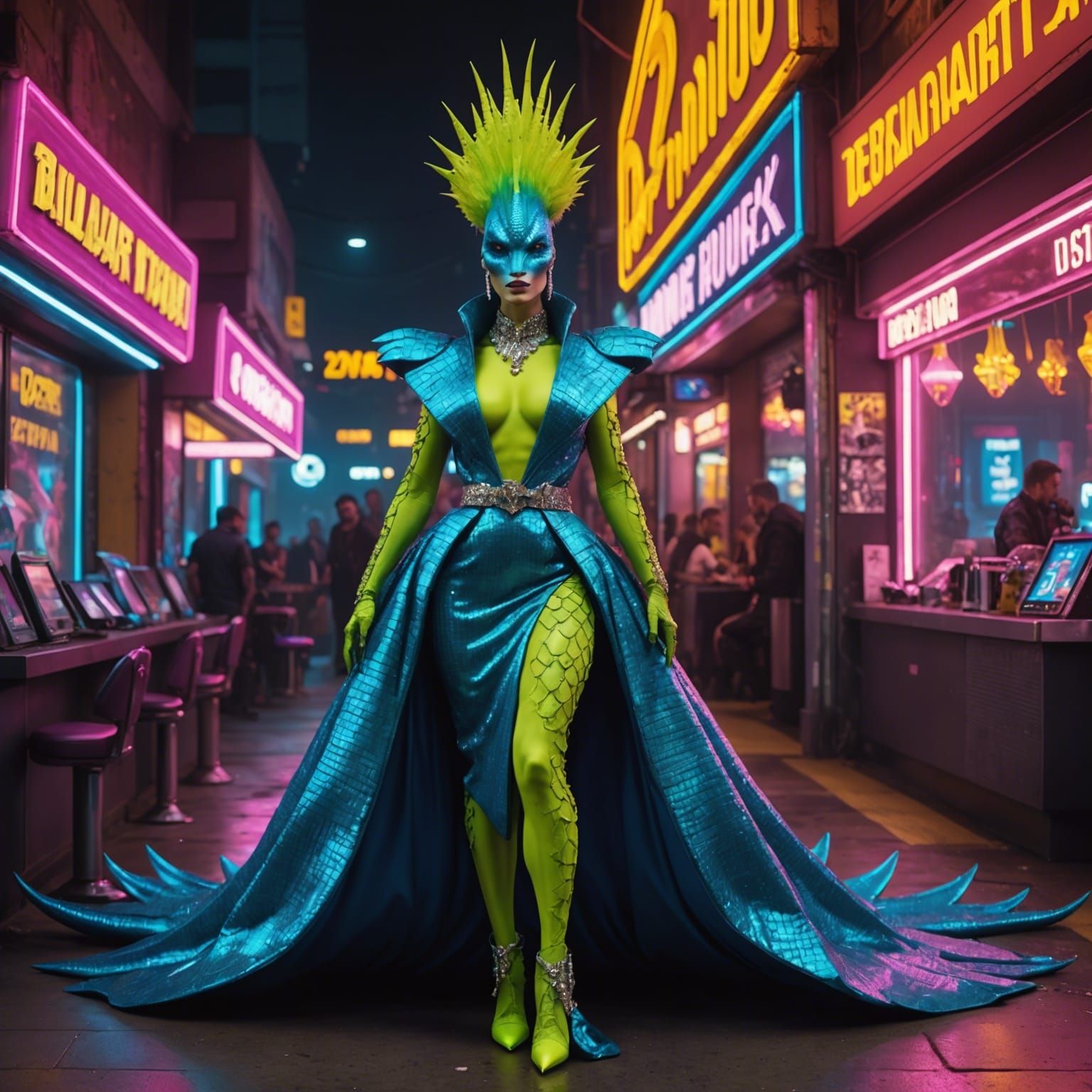 Glamorous Dinosaur Drag Queen in Cyberpunk Style