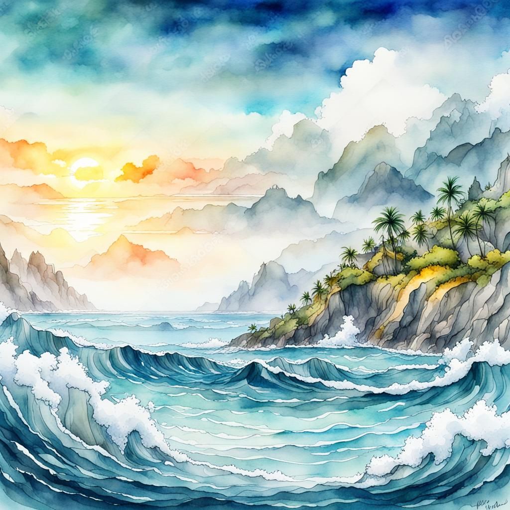 Watercolor Ocean Landscape in 8K Resolution