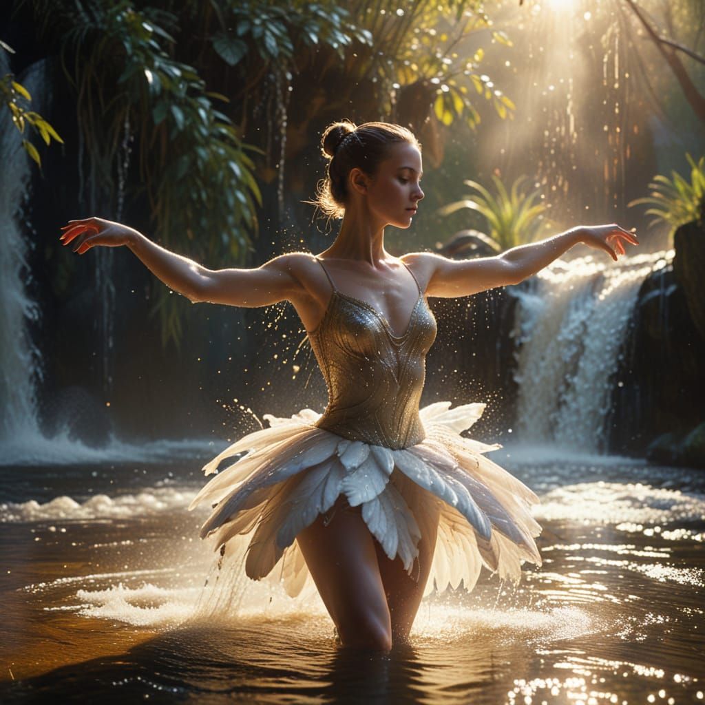 Swan Lake Ballet at a Waterfall: Cinematic Scene