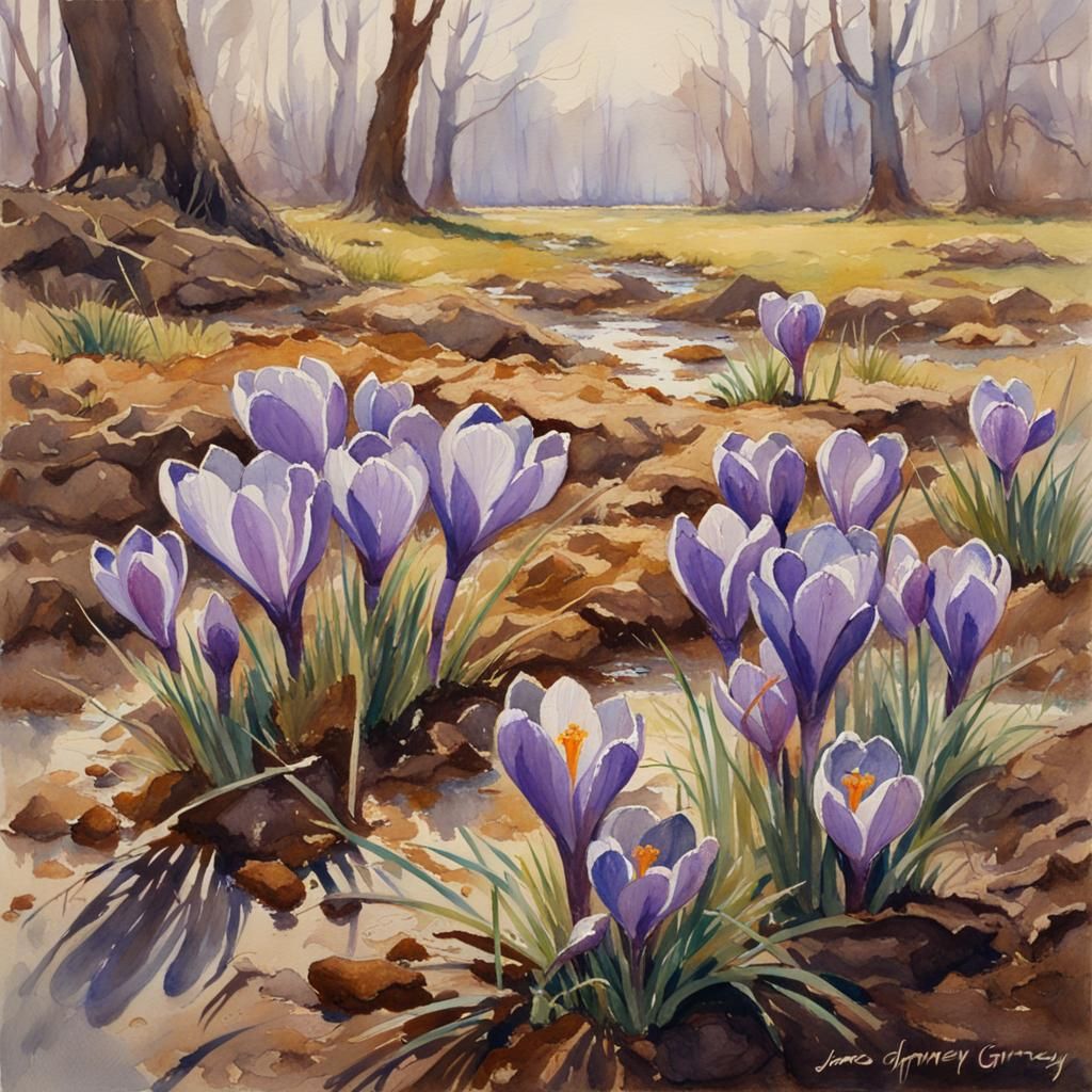Crocuses in Early Spring: Watercolor Oil Painting