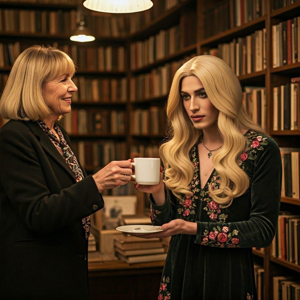 Charming Bookshop Scene with Velvet Dress