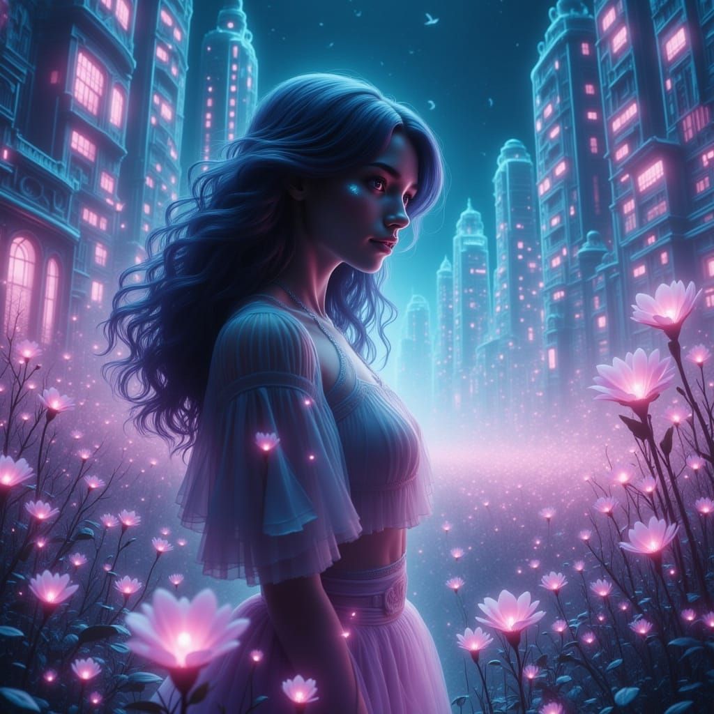 Ethereal Woman with Bioluminescent Moonrose Flowers