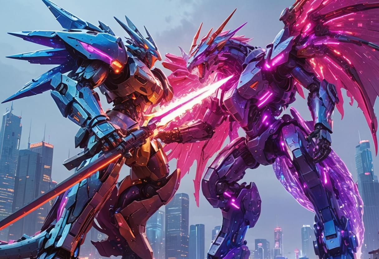 Mecha Battle Against Robot Dragon in Cyberpunk Cityscape