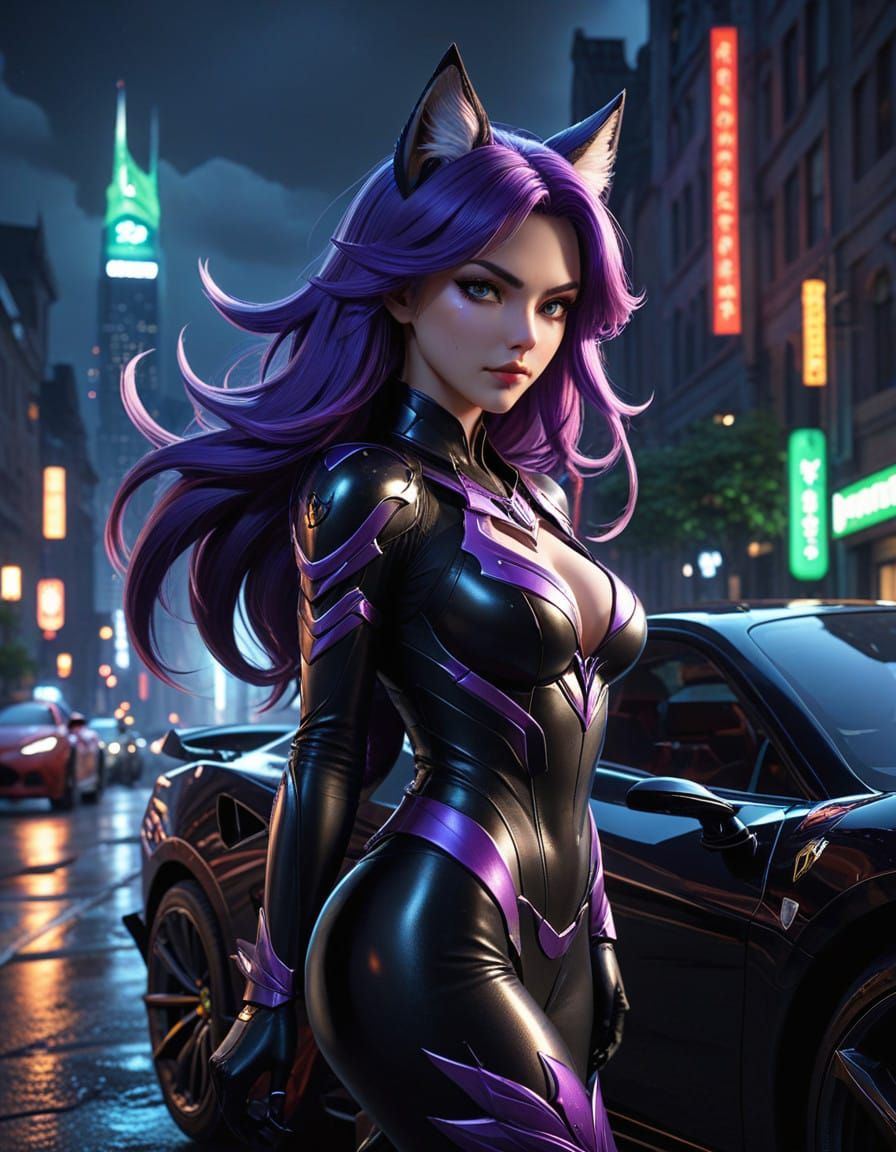 Gotham City Goddess Ahri Poses with Ferrari at Night