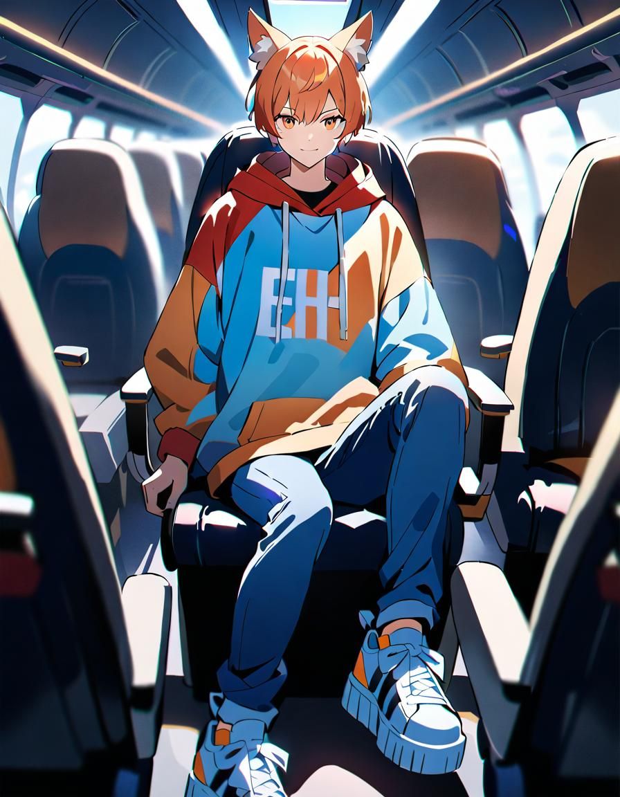 Fox-Eared Man in Hoodie on Airplane, Cel Shading