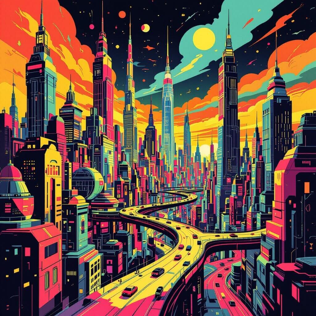 Cartoon Cityscape Inspired by Syd Mead and Digital Art