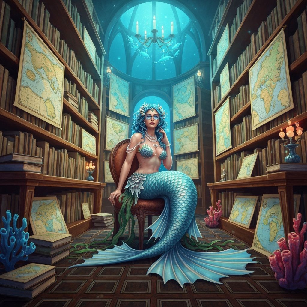 Mermaid Cartographer in Bioluminescent Library