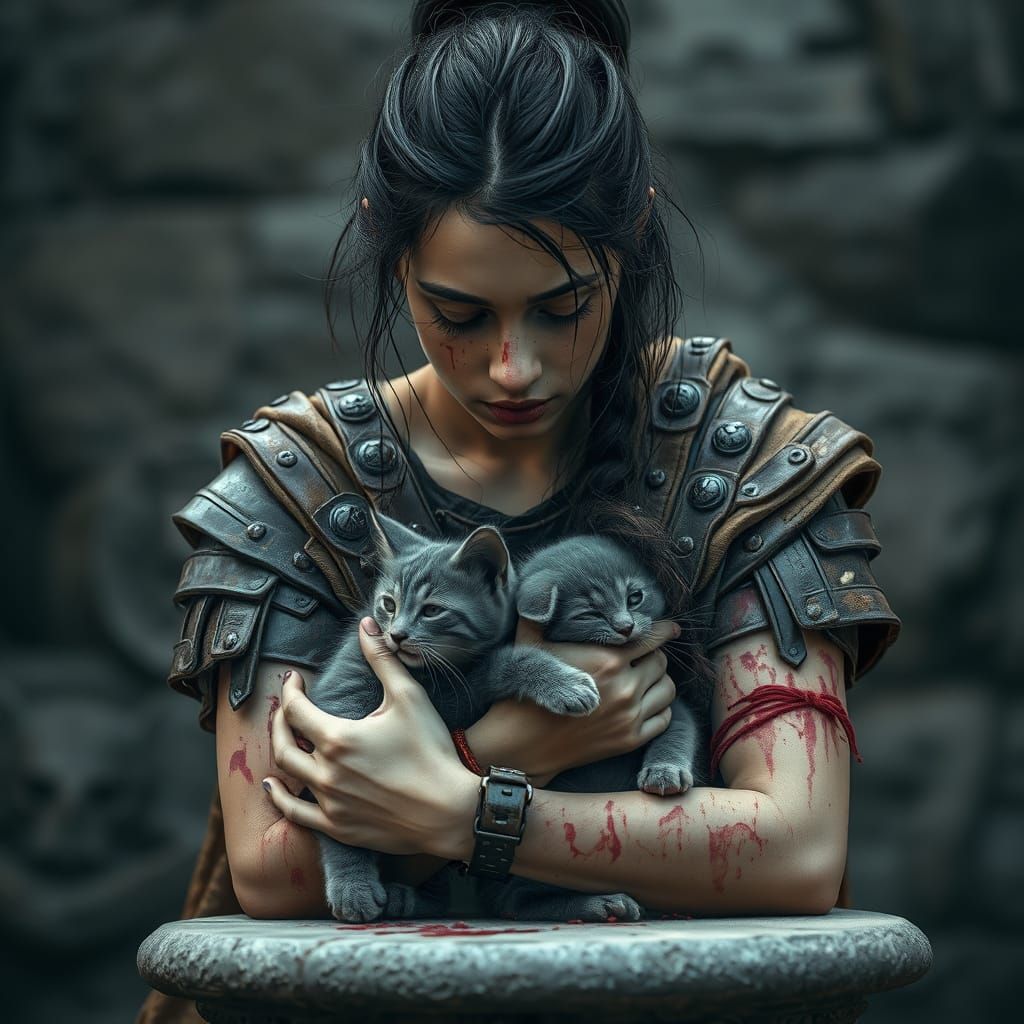 Roman Warrior Woman with Kitten in Hyperrealistic Style