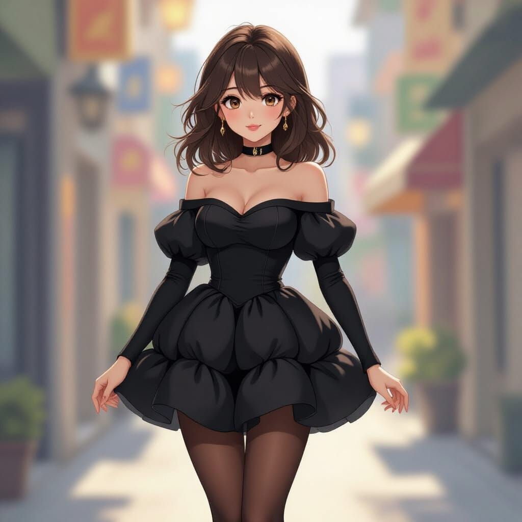 Anime Girl in Black Dress with Dynamic Lighting