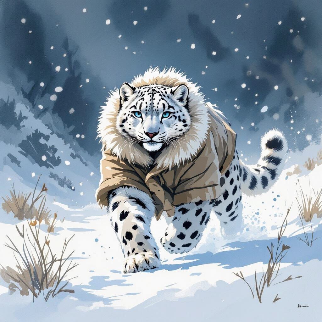 Snow Leopard in Winter Landscape, Ink and Watercolor Style