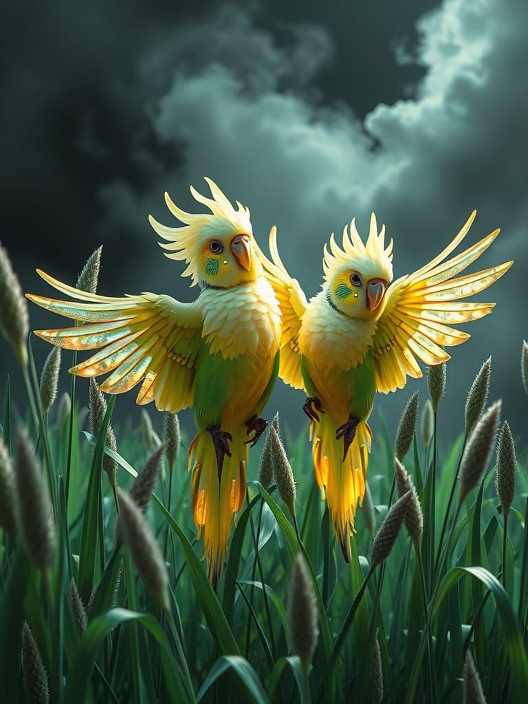 Surreal Chibi Parakeets in Pastel Plaid Landscape