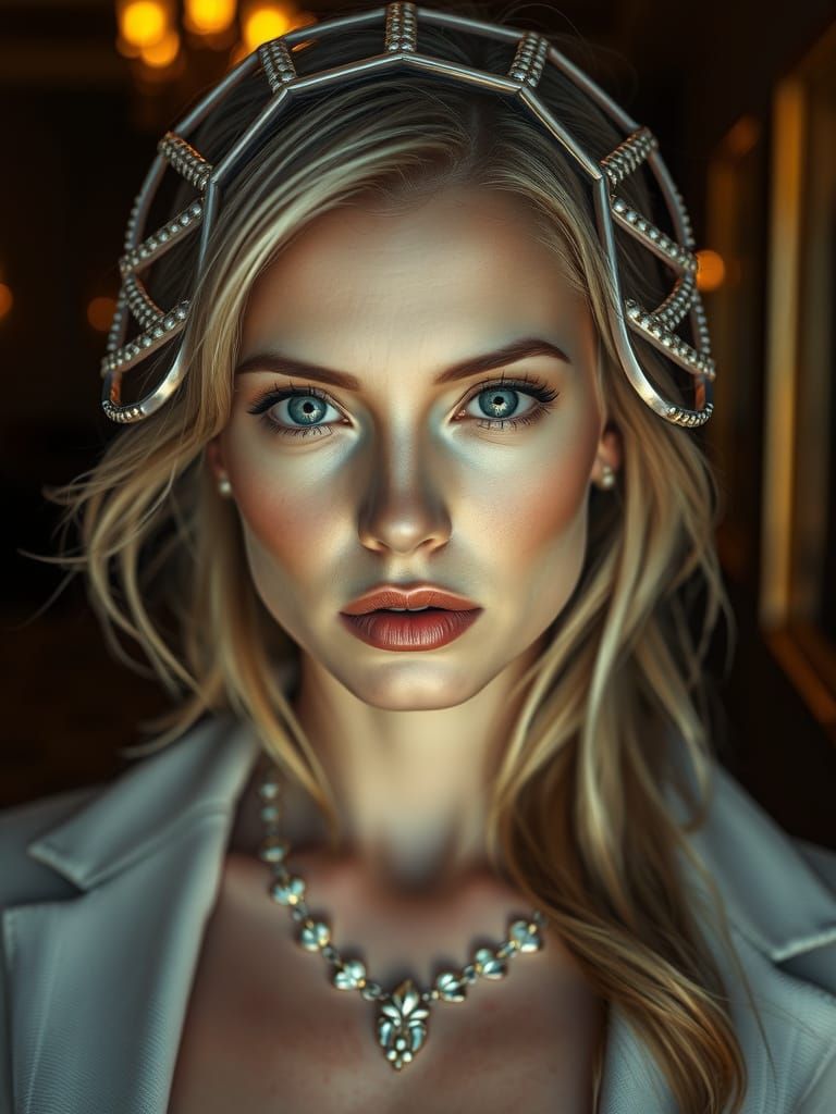 Hyperrealistic Portrait of a Blonde Woman with Blue Eyes