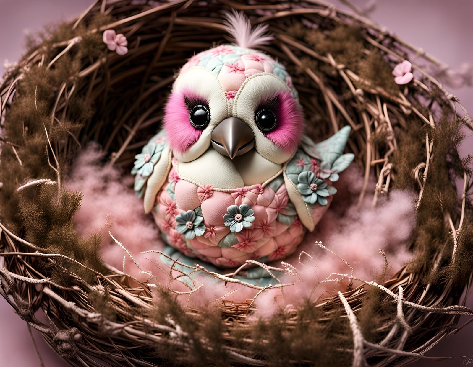 Grumpy Bird Nesting in Patchwork Nest