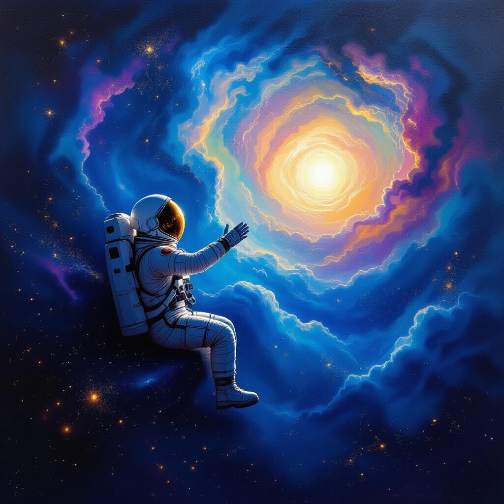 Astronaut Adrift in Swirling Nebula Reaching for Planet