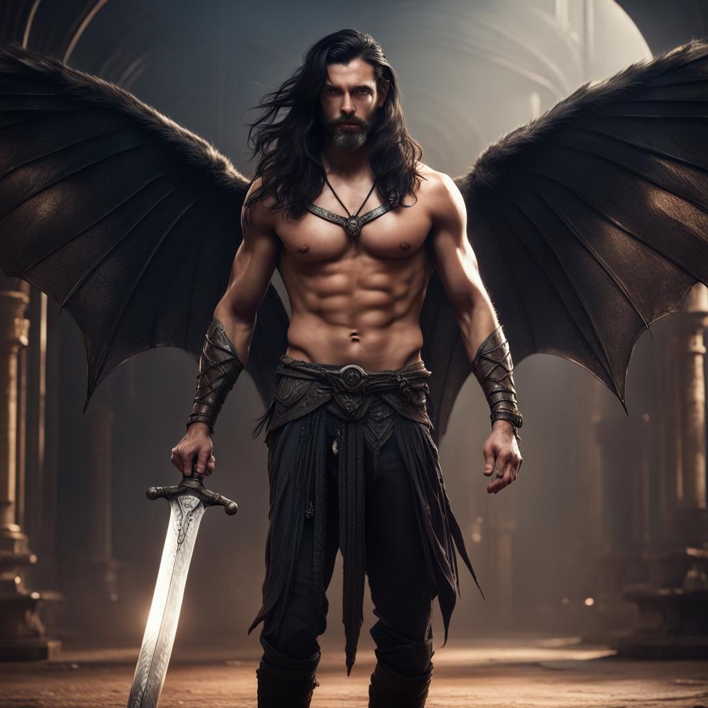 Fantasy Warrior with Sword and Bat Wings
