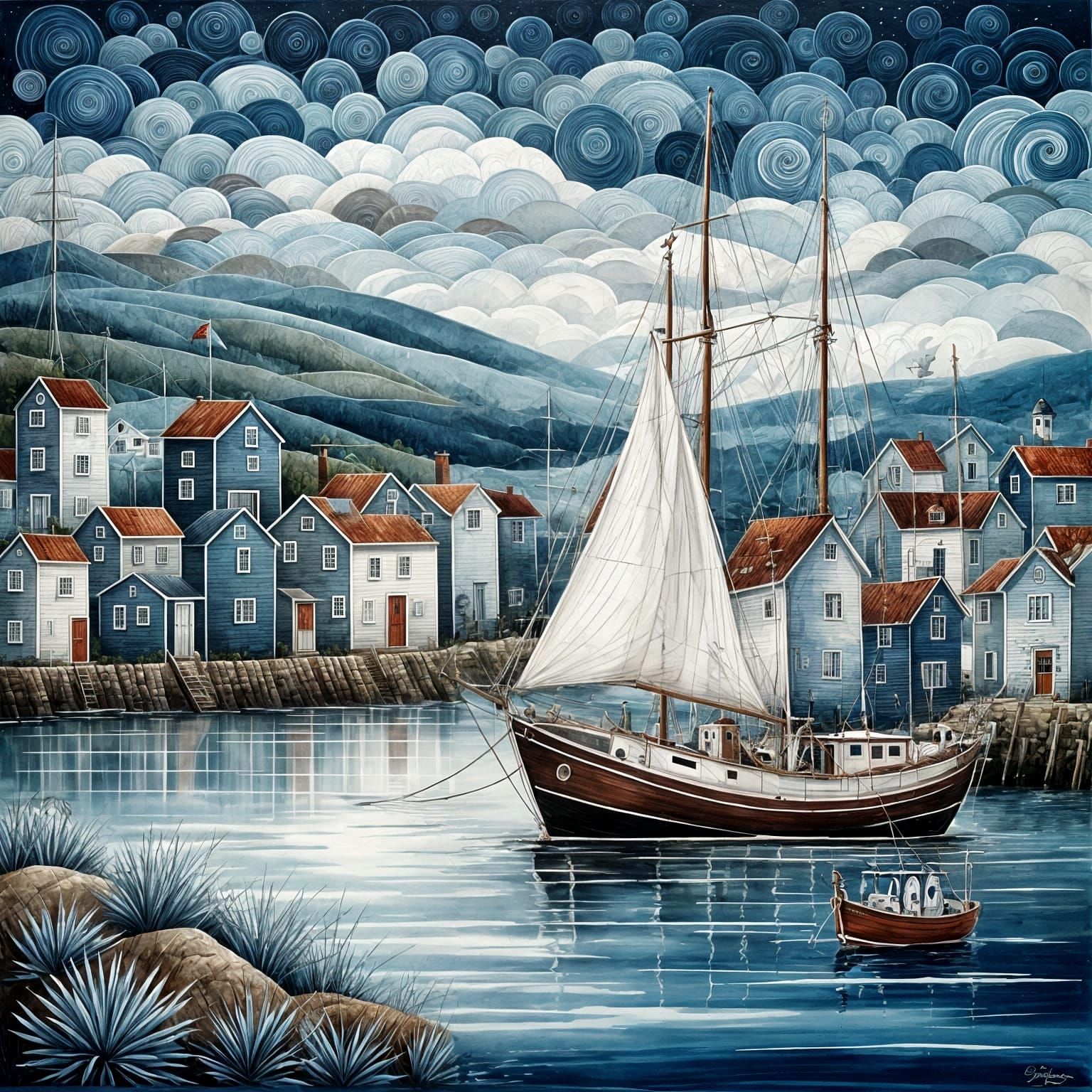 Seaside Fishing Village with Sailing Schooner
