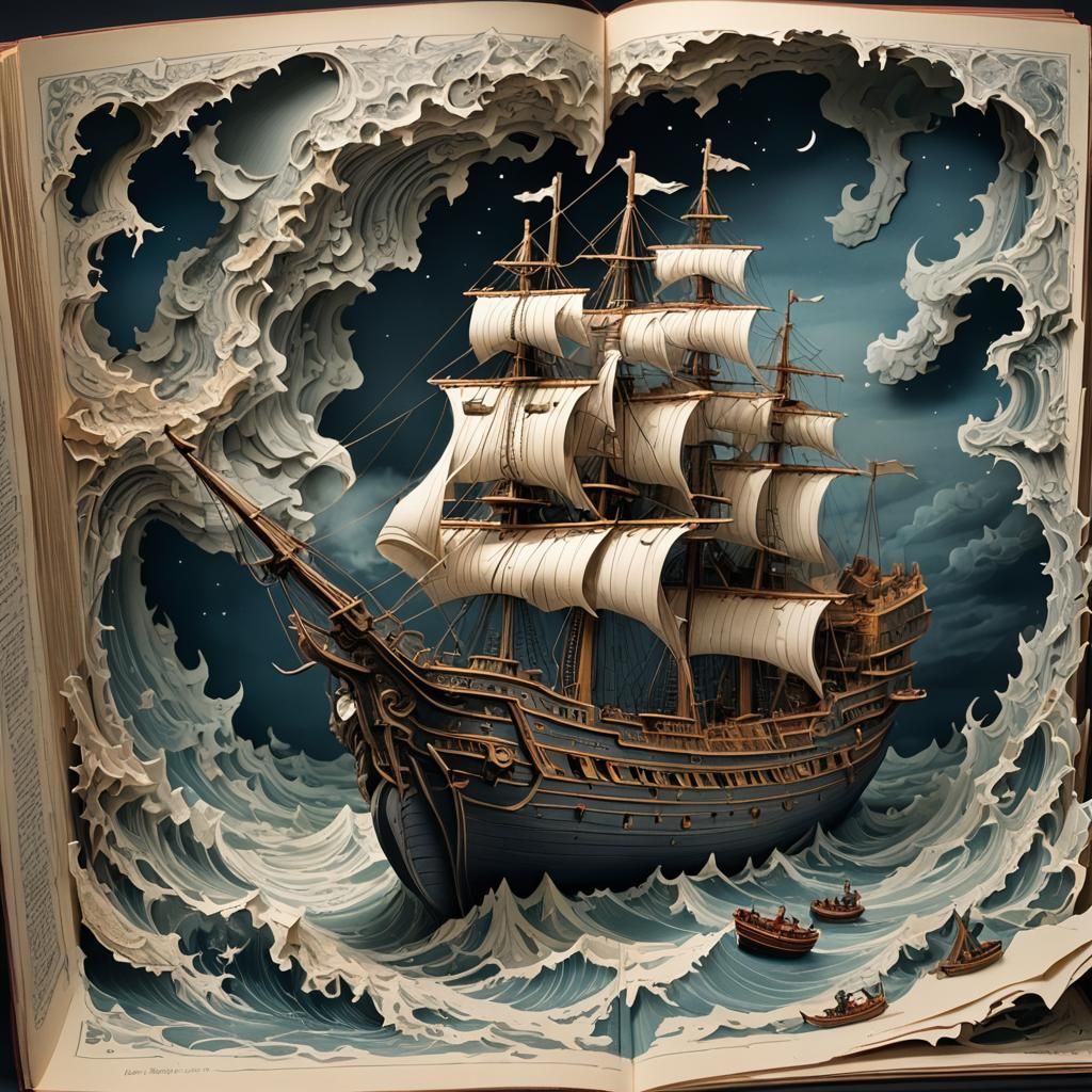 Torn Ship Pop-Up Book in Horror Style