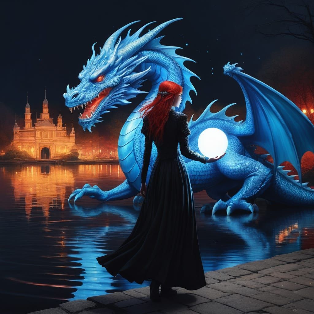 Graffiti Art Woman with Blue Dragon and Magic Orb