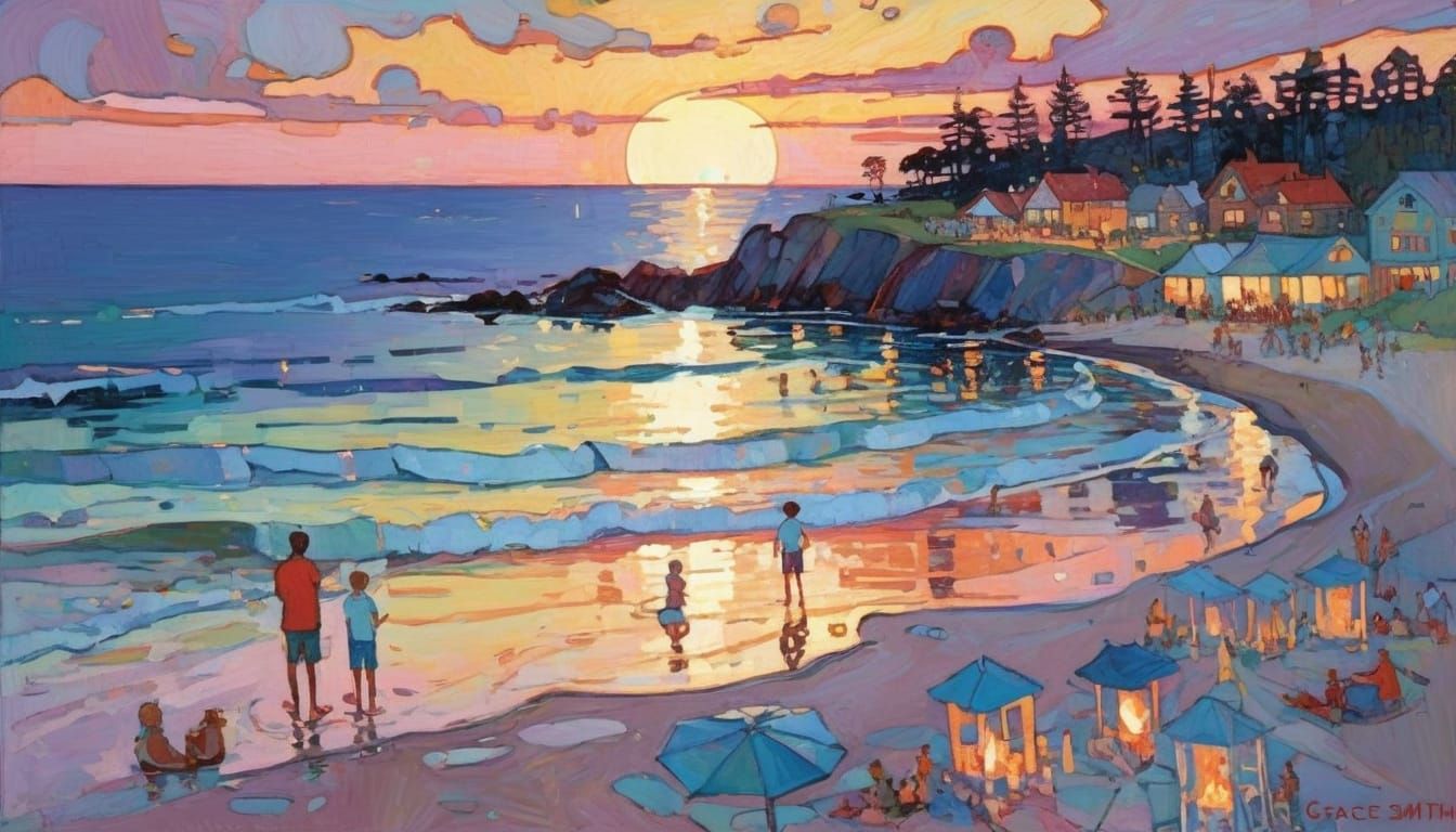 Twilight Beach Scene with Bonfire, Impressionistic Style