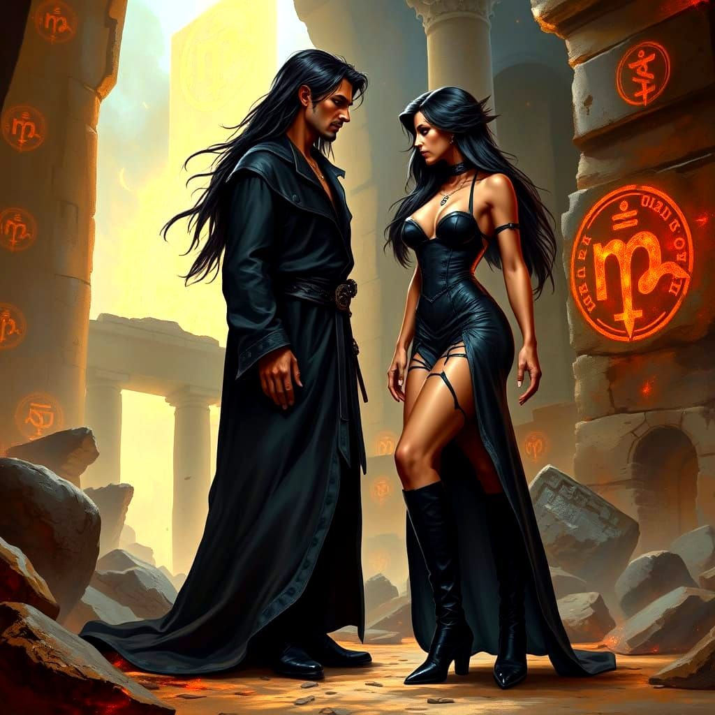 Sorcerer and Enchantress Duel in Magical Ruins