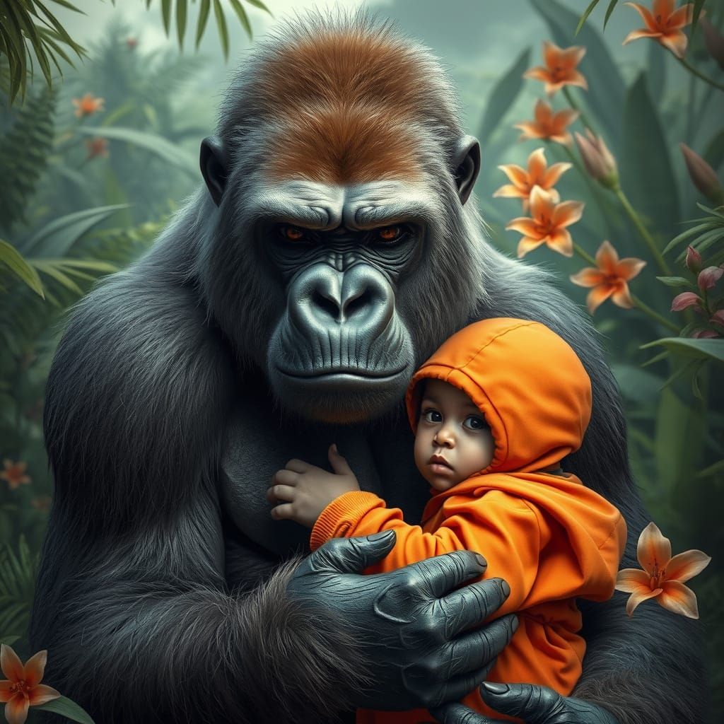 Gorilla Rescues Child: Hyperrealistic Jungle Scene