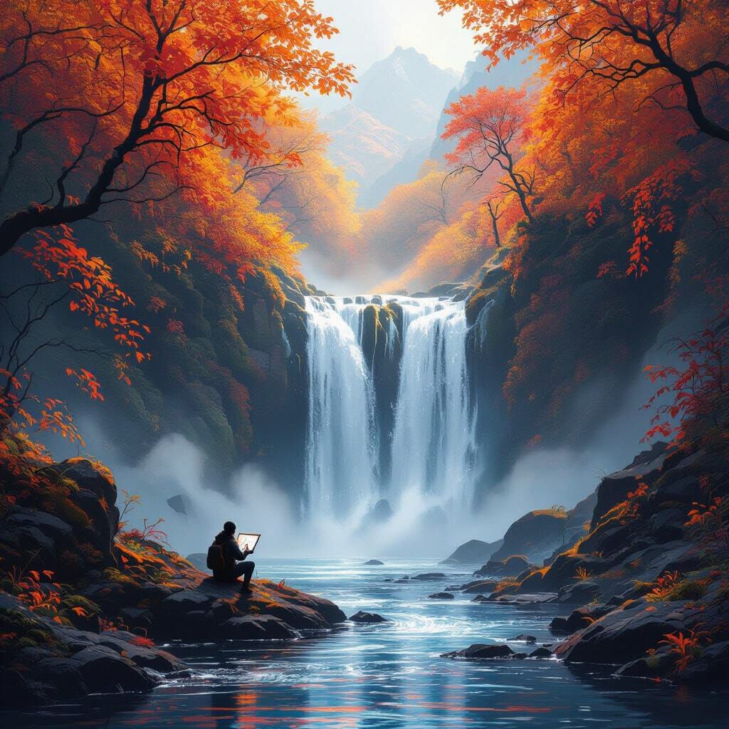 Bioluminescent Autumn Waterfall Fantasy Art