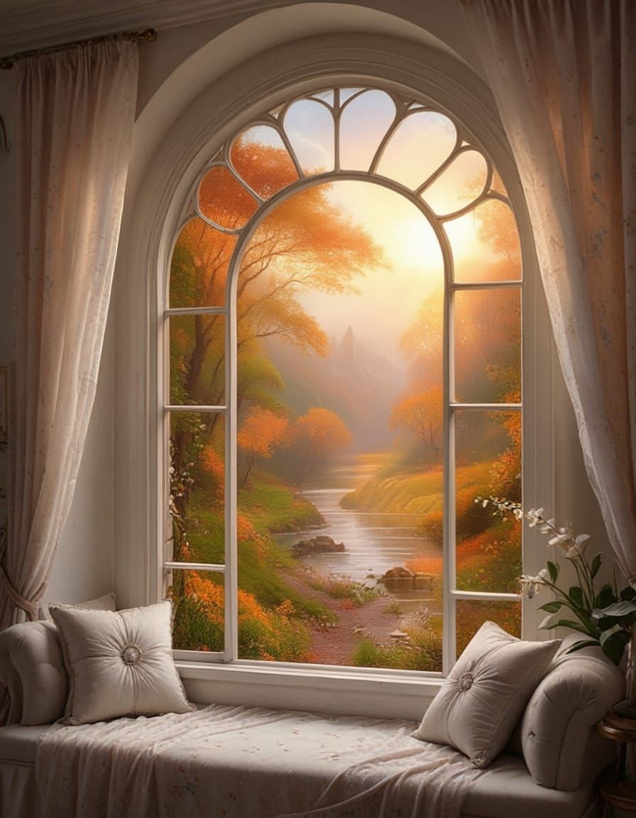 Ethereal Autumn Mist Landscape in Thomas Kinkade Style