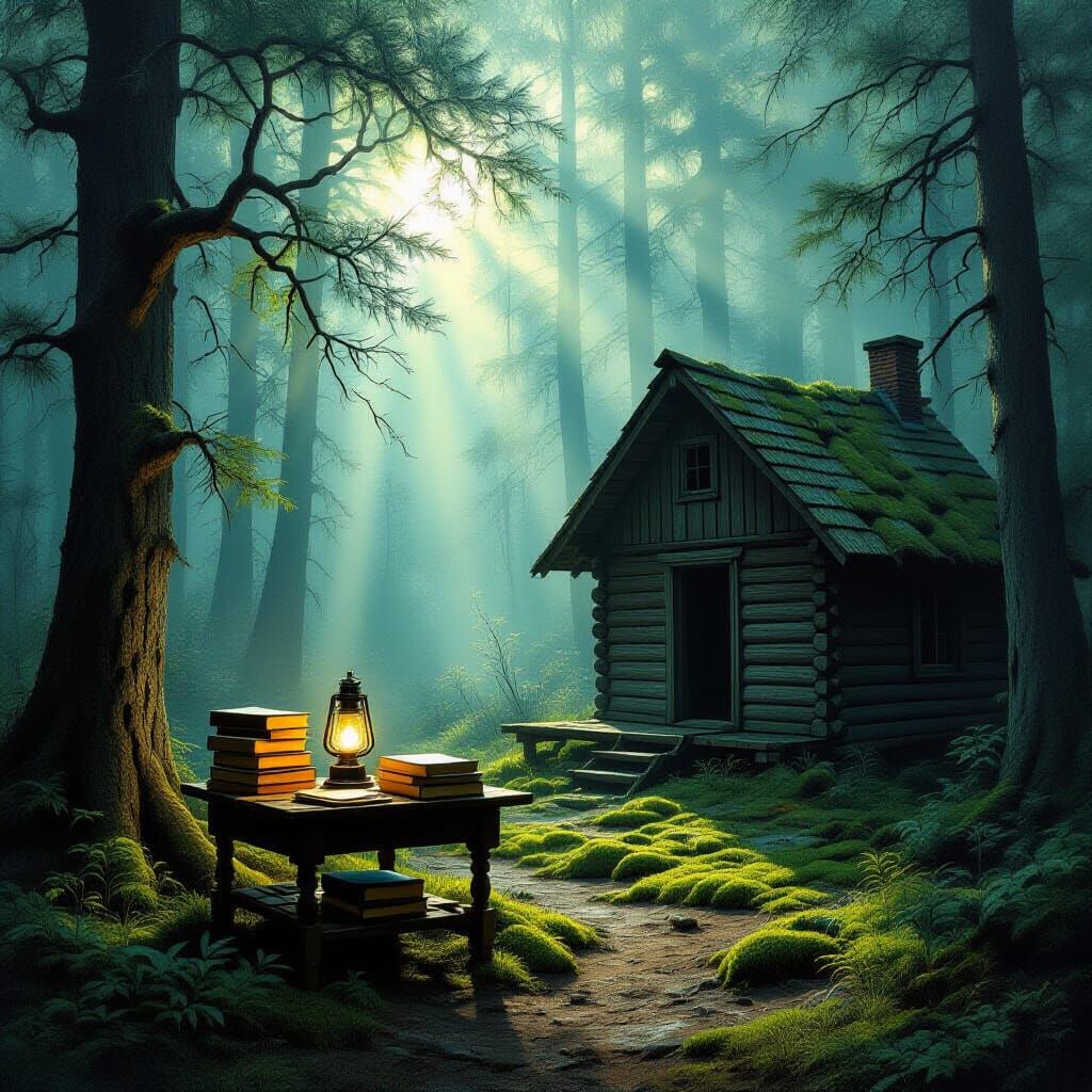 Weathered Cabin in Mist-Shrouded Forest Oil Painting