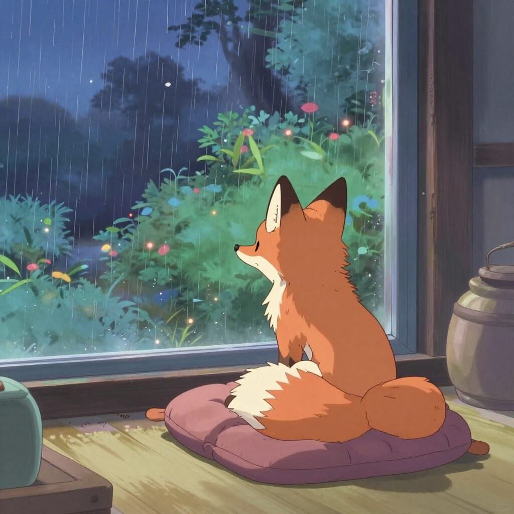 Cozy Lofi Anime Night Scene with Fox by Window