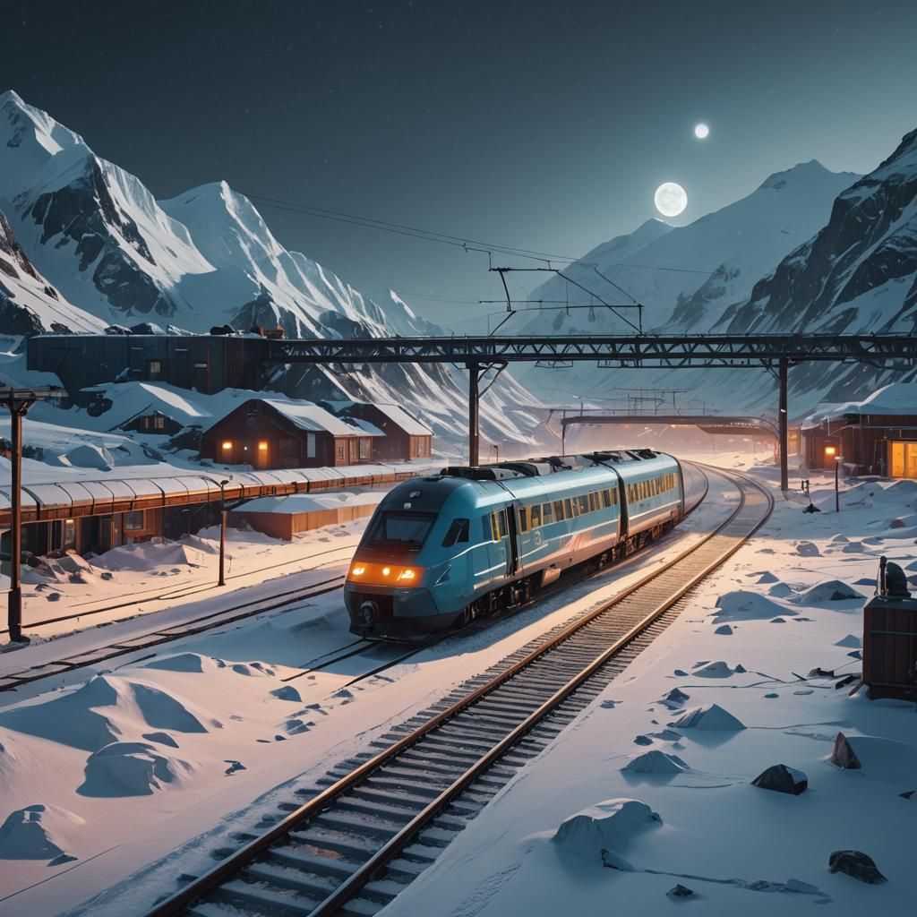 Futuristic Train Arriving at Polar Station in Winter