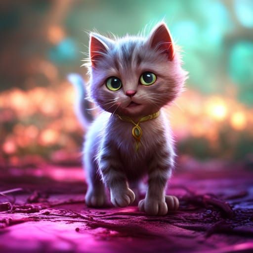 Cute Kitten Playing with Yarn, Detailed Matte Painting