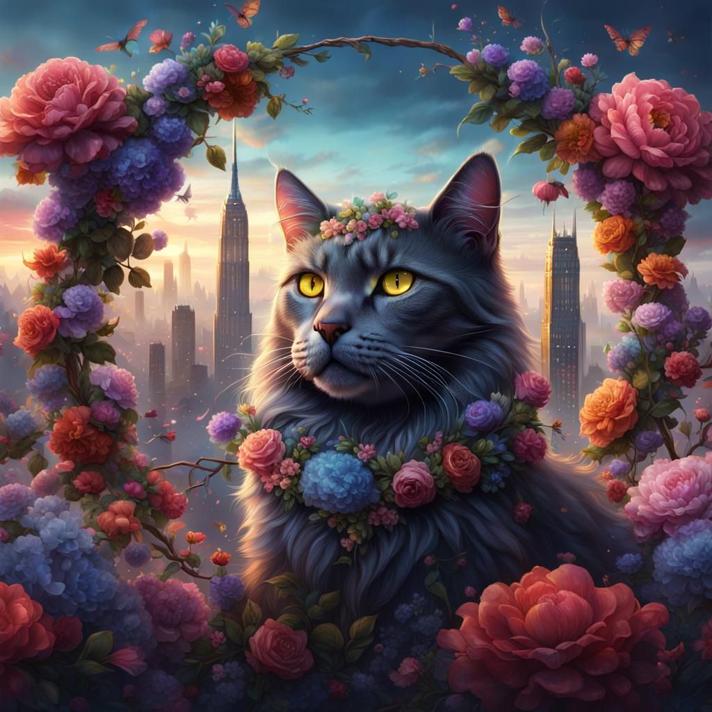 Skyline Cat Wearing Flower Crown in Detailed Painting