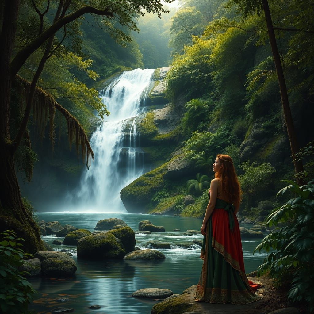 Serene Woman by Waterfall in Lush Rainforest
