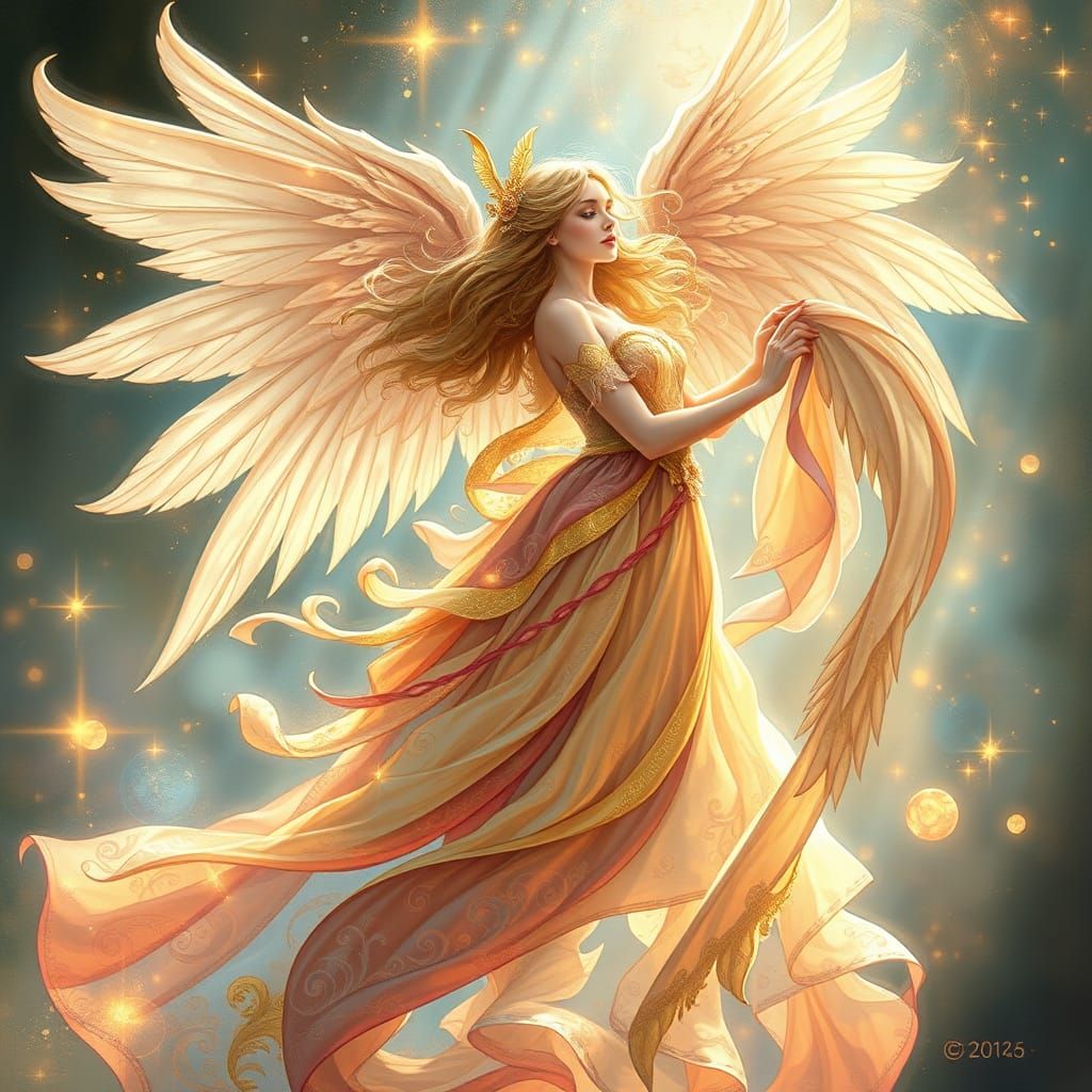 Ethereal Angel in Flowing Dress, Art Nouveau Style