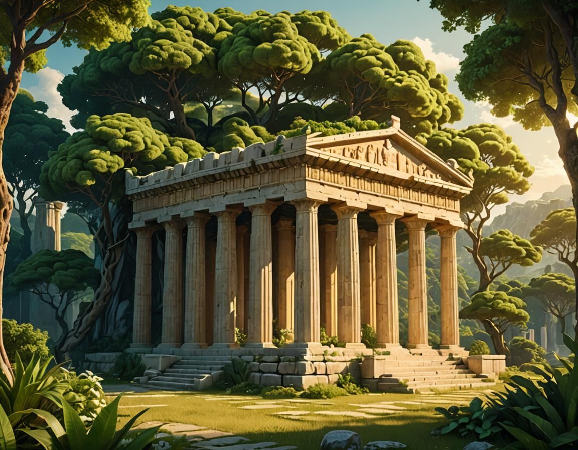 Greek Temple in Lush Setting: Anime Art