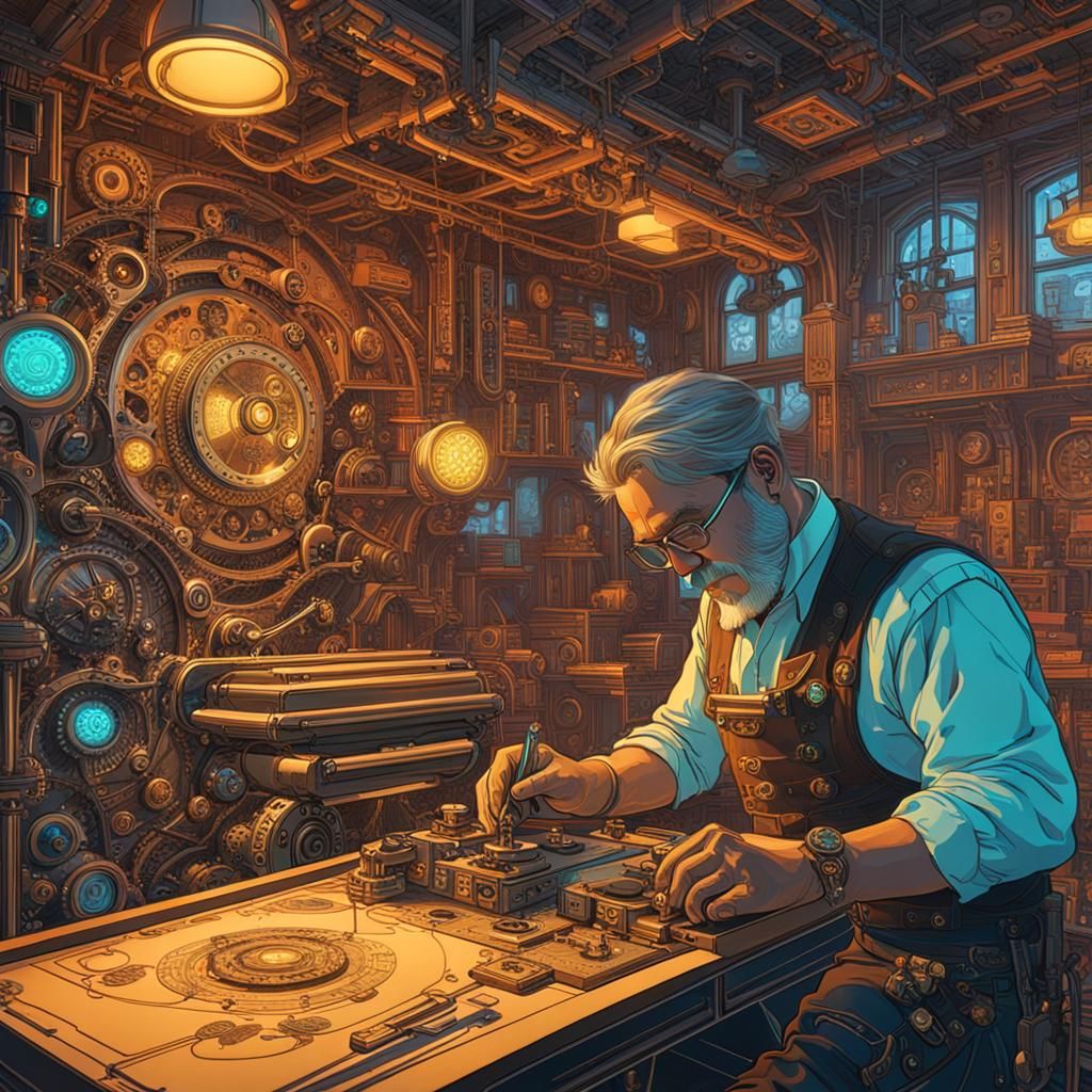 Steampunk Inventor in Neon-Lit Datamist Workshop