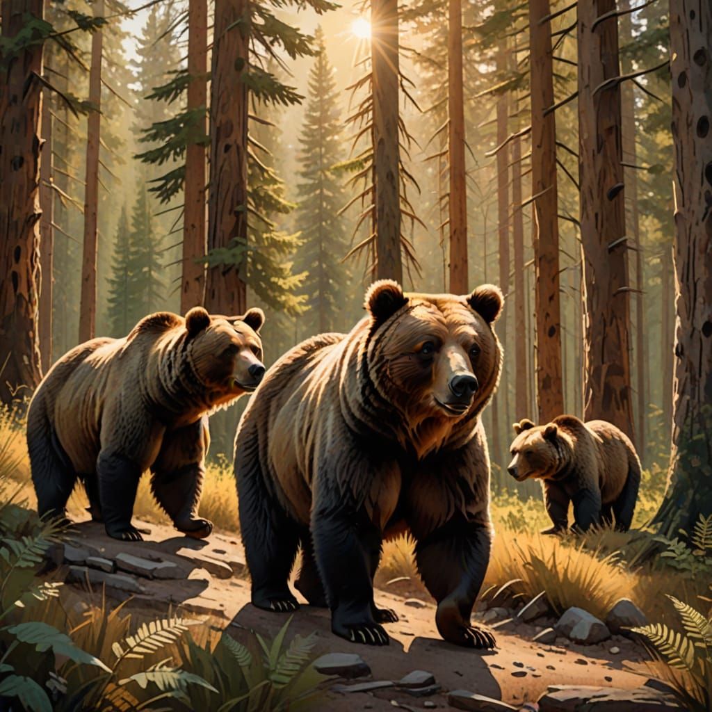 Mexican Grizzly Bear Family in Watercolor Style