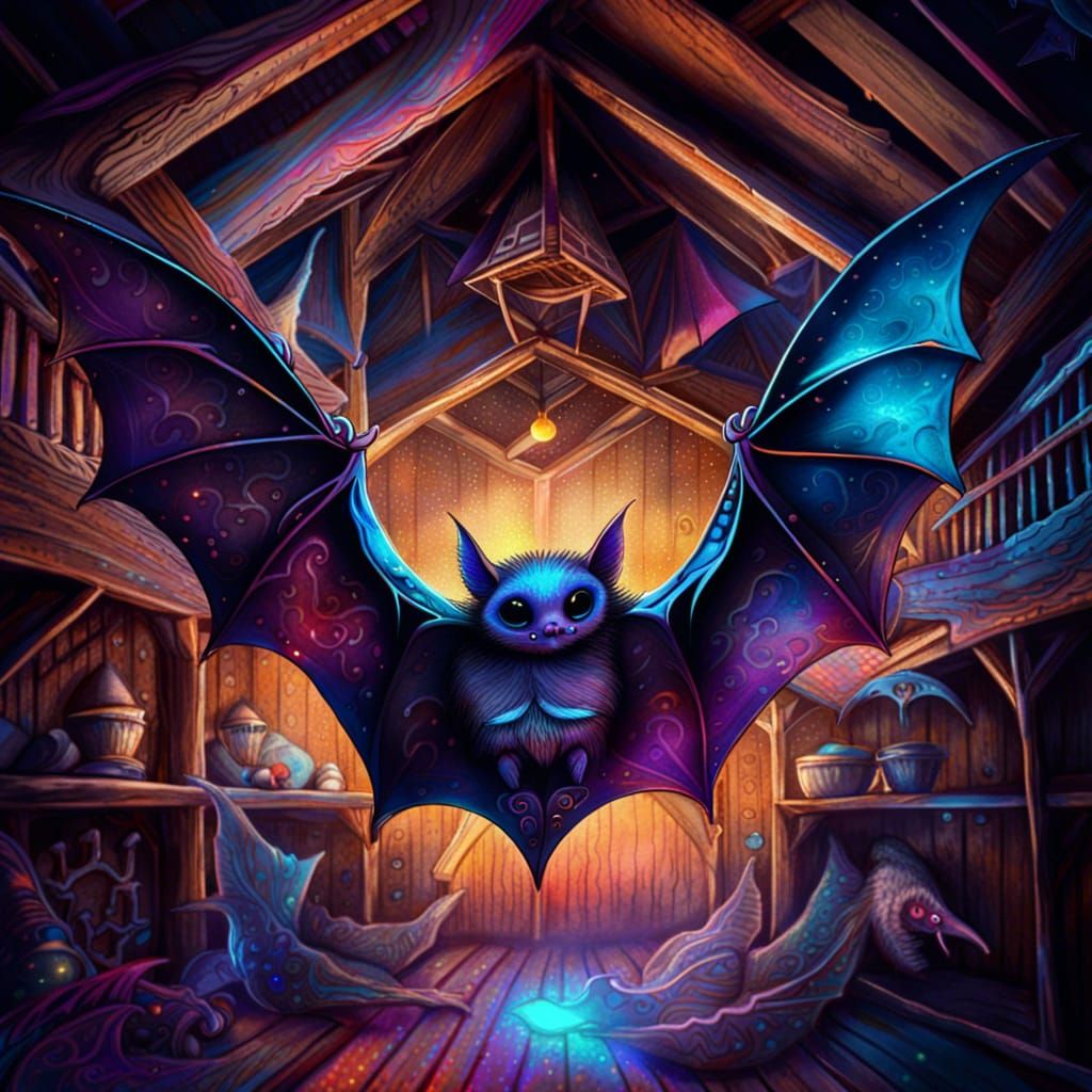 Hugging Bats in Old House, Astral Illustration