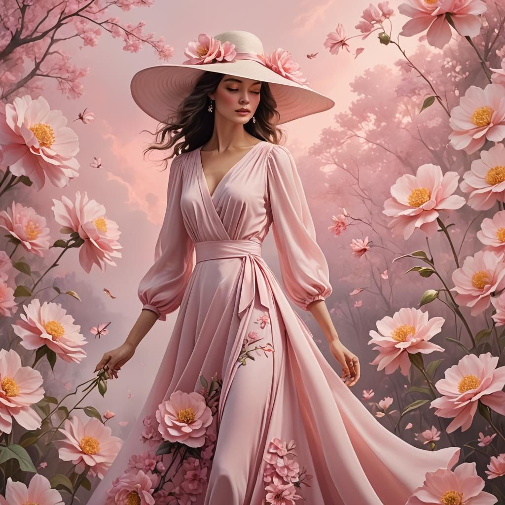 Elegant Woman in Pink Sky Dress: Fantasy Concept Art