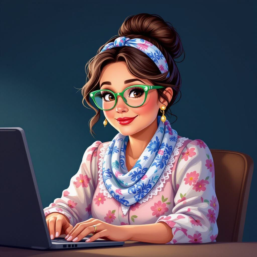 Woman Learning AI Illustration in Library, Norman Rockwell S...