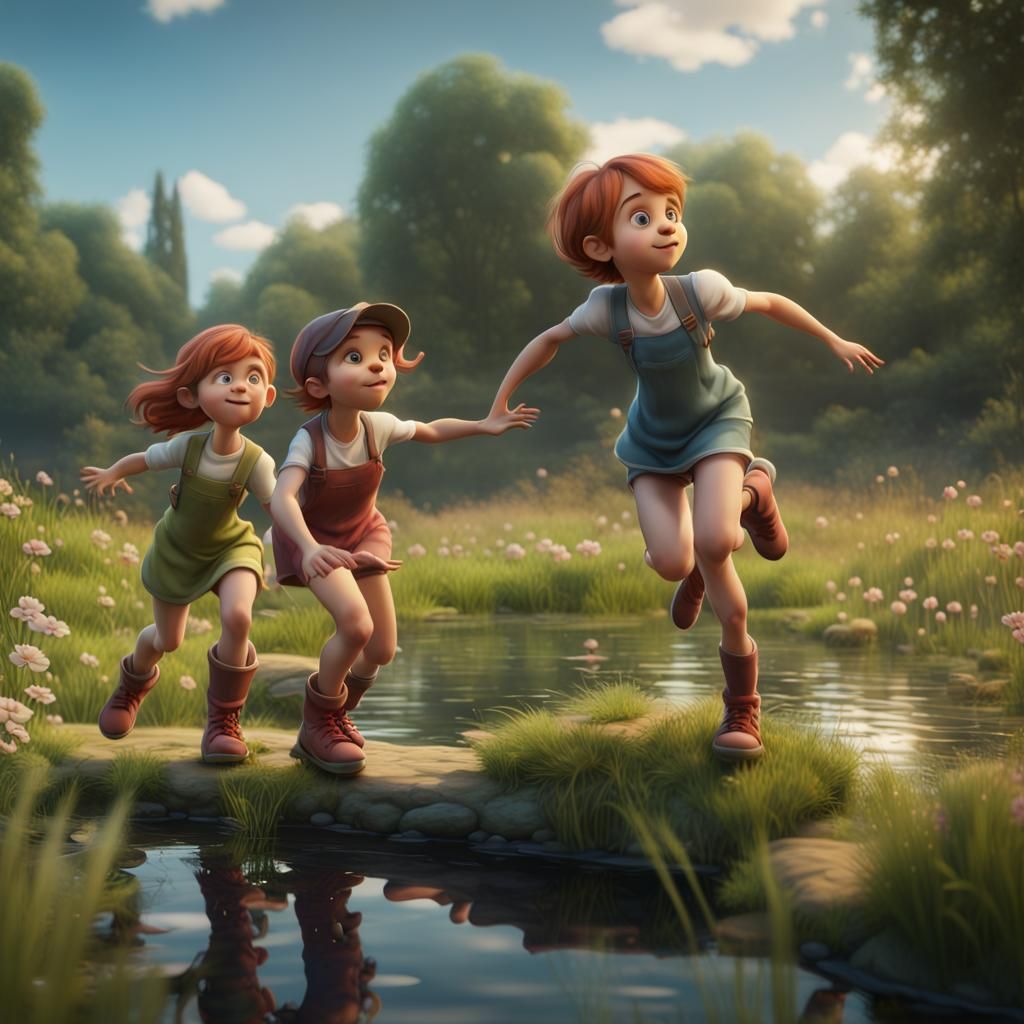 Children Playing Leapfrog: 3D Pixar-Style Cartoon