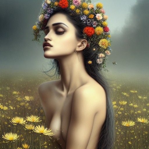 Indian Woman in Field of Flowers, Digital Illustration