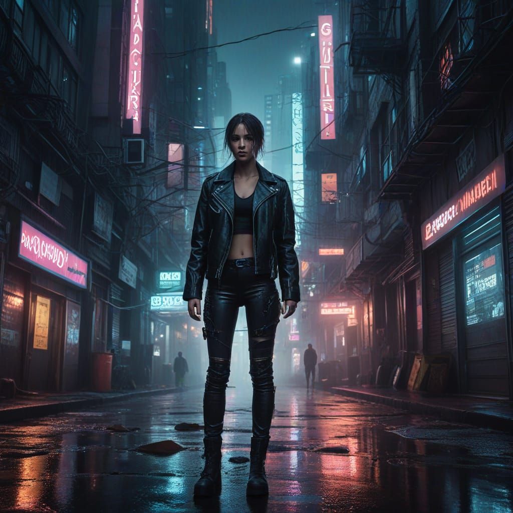 Cyberpunk Woman Stands Tall in Gritty Dark Alleyway