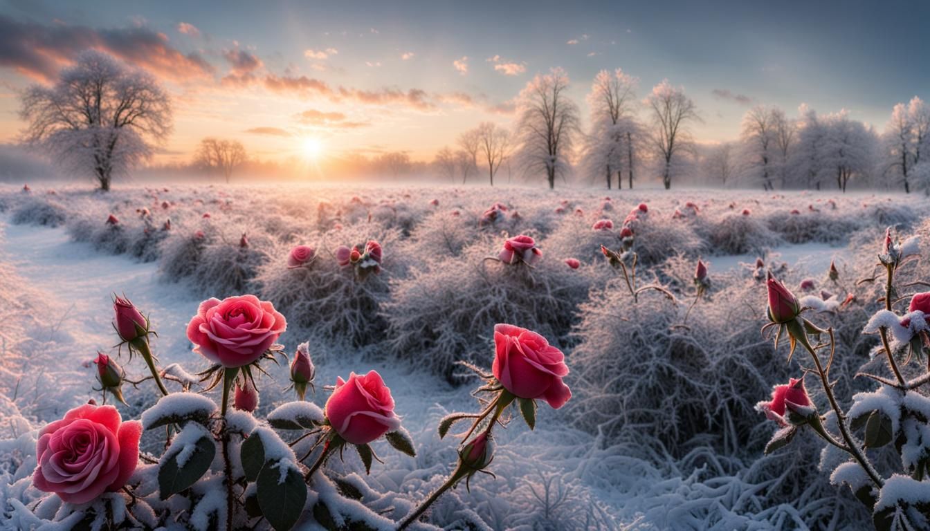 Frost Covered Roses at Winter Sunrise