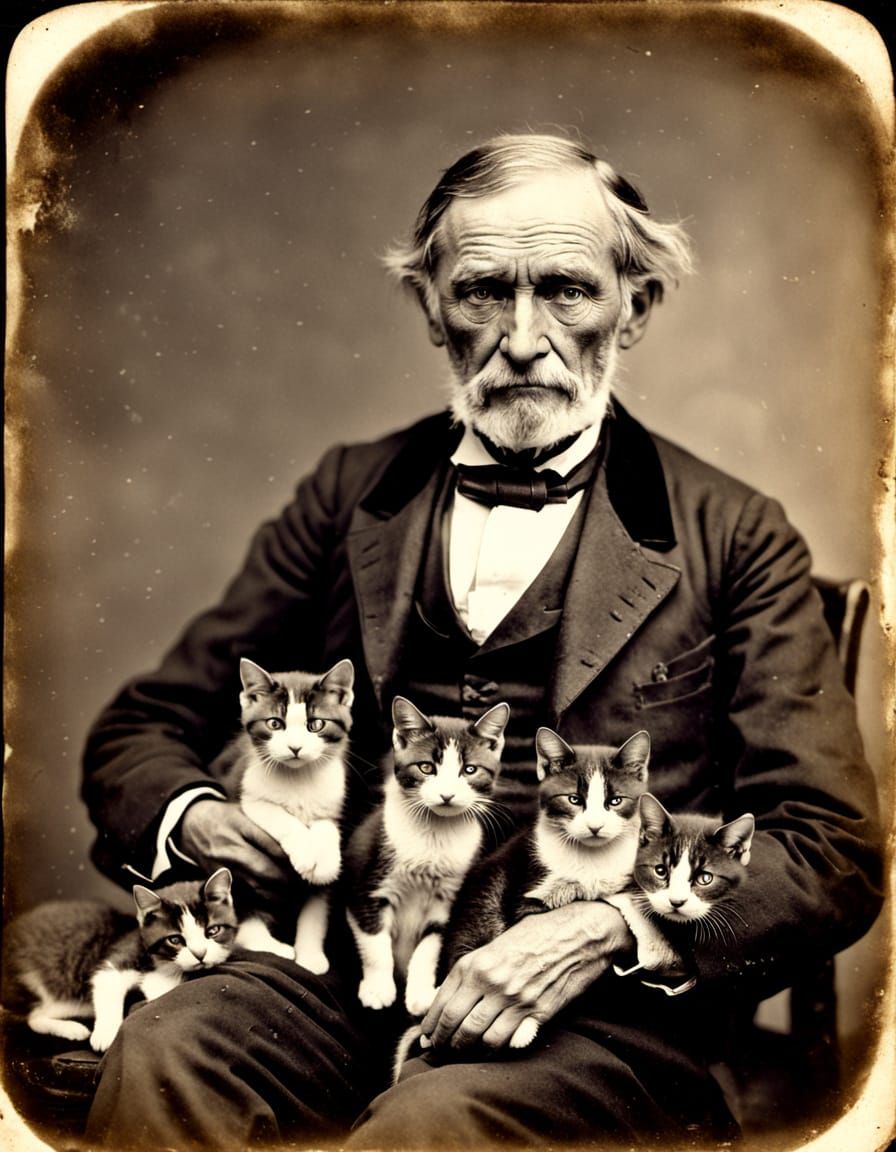 Victorian Gentleman Overwhelmed by Kittens: Daguerreotype